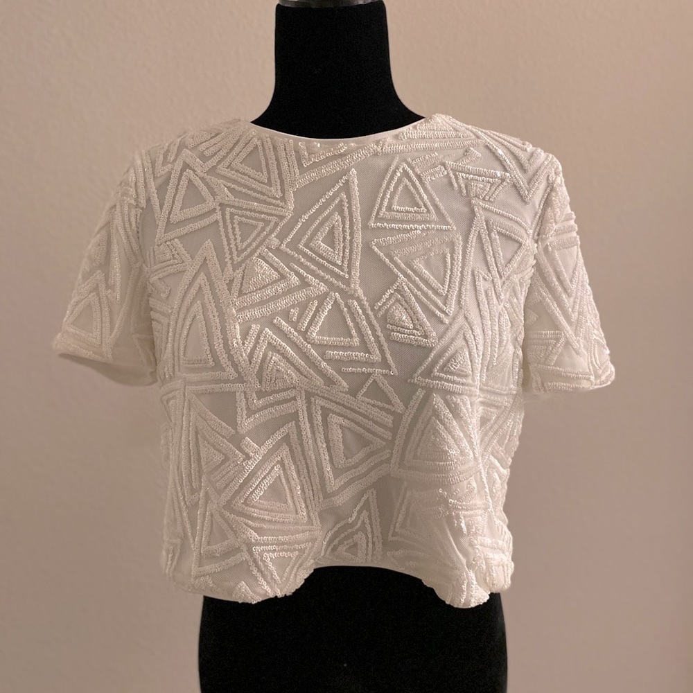 Beaded White Crop Tee